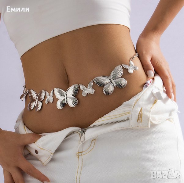 Метален колан бижу верижка с пеперуди в сребрист цвят, снимка 1