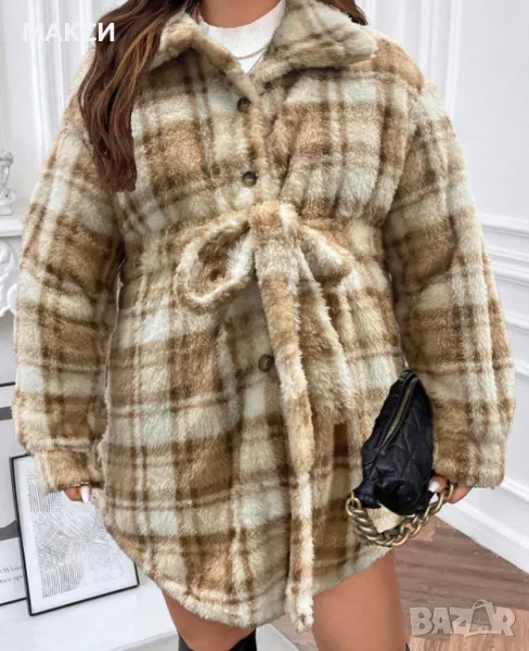 Макси модерно еластично пухено горнище тип риза с копчета и коланче в актуално пастелно каре, снимка 1