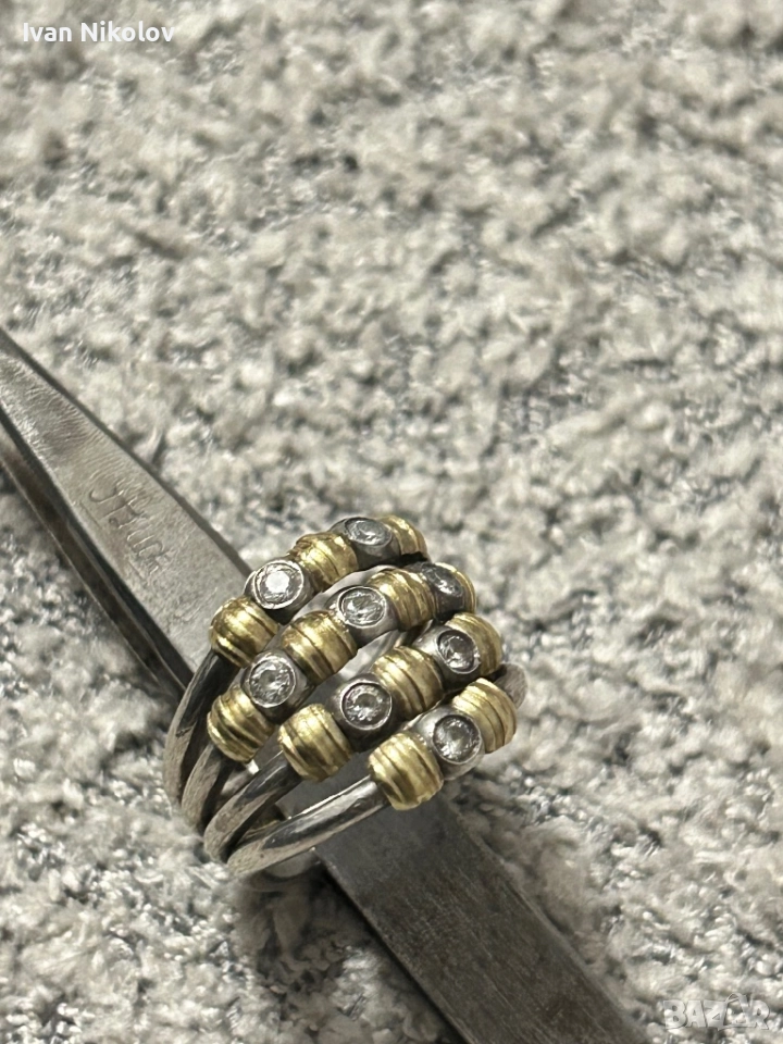 Дамски сребърен пръстен със златни елементи 750 проба, снимка 1