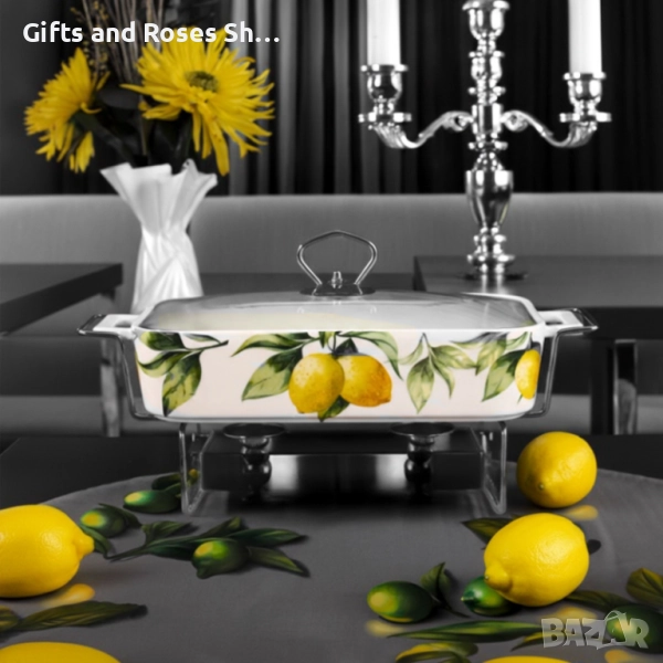 Керамичен съд за топло сервиране с лимони ,с метална поставка в сребърно и две подгряващи свещи, снимка 1