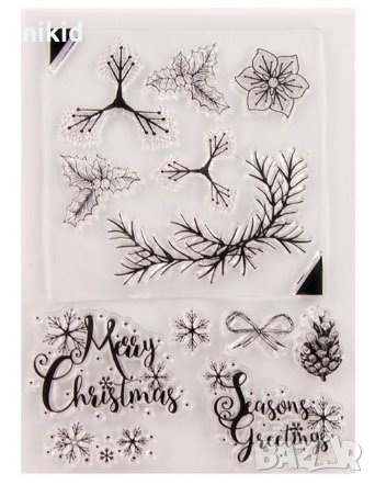 Merry Christmas  Коледни клонки имел силиконов гумен печат украса бисквитки фондан Scrapbooking, снимка 1