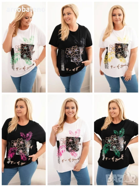 Дамска памучна тениска с декоративен флорален принт, Големи размери, 7цвята , снимка 1