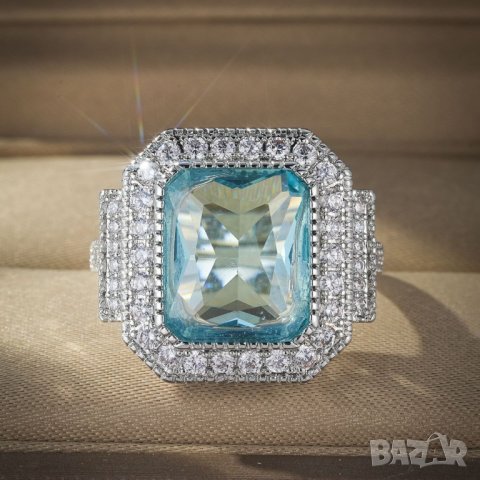 Пръстен с аквамарин и циркони, снимка 6 - Пръстени - 42132967
