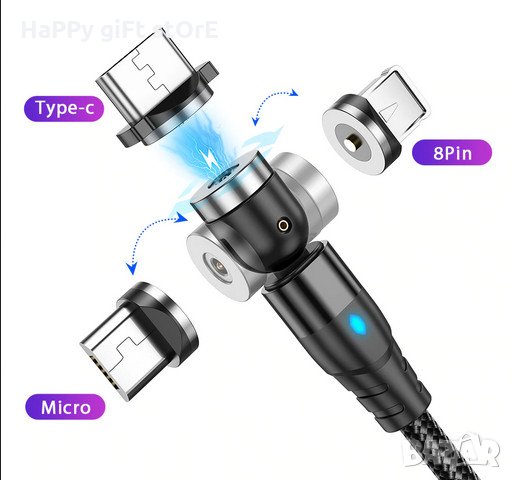 Магнитен USB кабел 180°-360° за зареждане на телефони micro USB, Type C, 8-pin, магнитно замагнитно, снимка 6 - USB кабели - 31578122