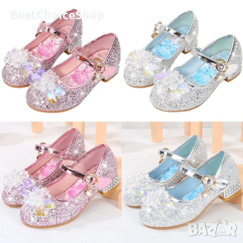 Брокатени обувки с кристални орнаменти, нисък ток, принцеса Елза. Размер 33