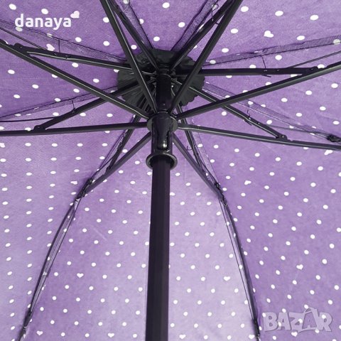 1762 Ръчен тройно сгъваем чадър за дъжд на точки и сърца противоветрен, снимка 11 - Други - 30570073