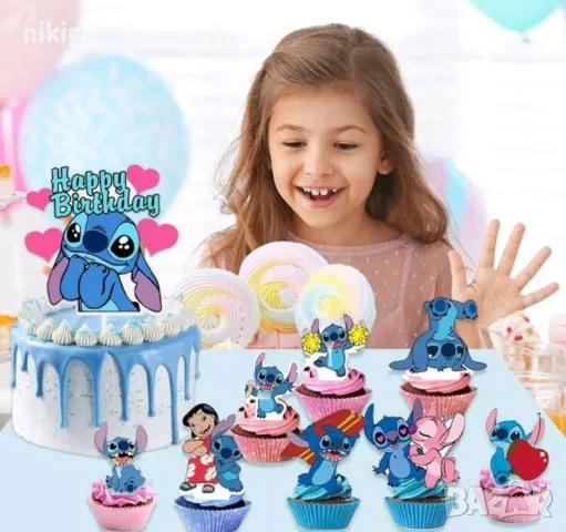24 бр Лило и Стич lilo stitch къси остри картонени топери топер торта мъфини кексчета парти рожден