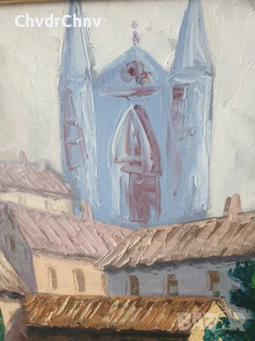 Collado 55х47см/испанска картина масло върху платно/градски пейзаж/къщи-катедрала/дървена рамка, снимка 6 - Картини - 51192802