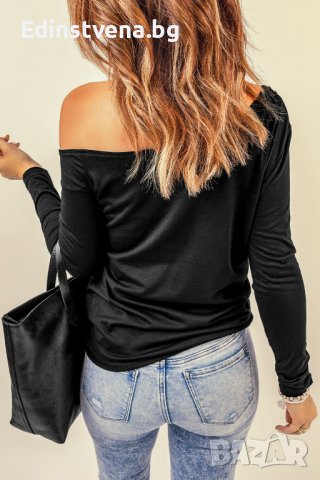 Дамска блуза в черно с асиметрично деколте, снимка 4 - Блузи с дълъг ръкав и пуловери - 44321212