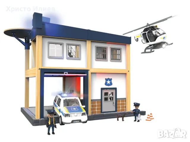 Дървен Полицейски участък Полиция с полицейска кола хеликоптер и аксесоари, снимка 1