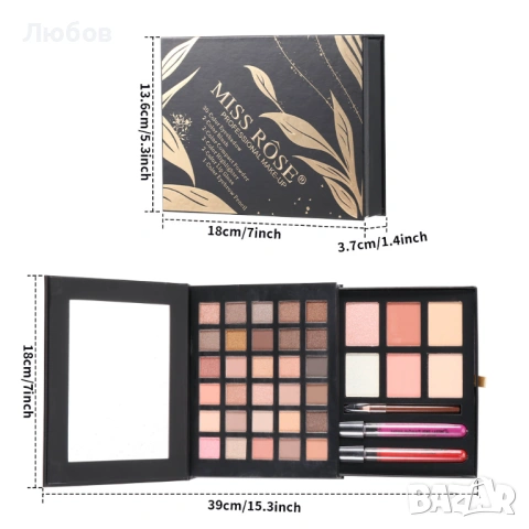 Комплект грим Miss Rose – 30 сенки + руж, хайлайтър и аксесоари, снимка 9 - Декоративна козметика - 53912389