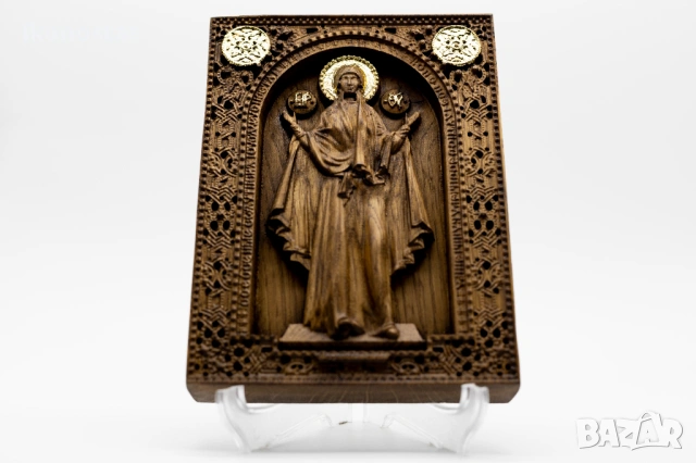 Позлатена релефна икона на Пресветата Майка Богородица, дъб, снимка 4 - Икони - 53223529