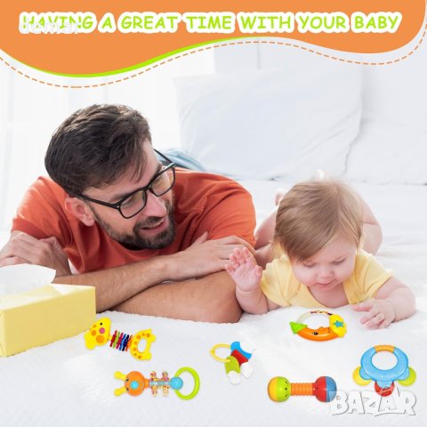 Комплект 11 образователни играчки с дрънкалки и гризалки за новородени за бебета 0-12 месеца, снимка 7 - Дрънкалки и чесалки - 44387478