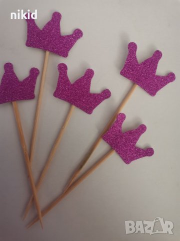10 бр заоблена корона коронки циклама злато картон топери клечки декор украса за мъфини кексчета, снимка 4 - Други - 28058082