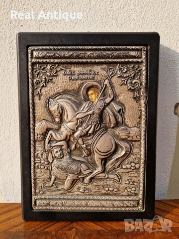 Прекрасна антикварна сребърна икона Свети Димитър със сертификат , снимка 2 - Антикварни и старинни предмети - 52653342