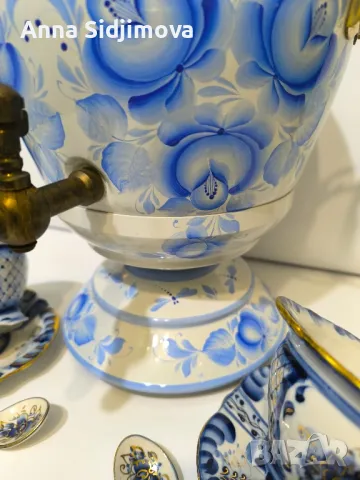 Гжель самовар и двоен сет за чай, снимка 7 - Чаши - 48258225