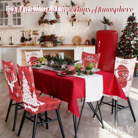 Нови калъфи Еластични покривала за коледни столове 6 броя с празничен дизайн, снимка 5 - Декорация за дома - 52697290
