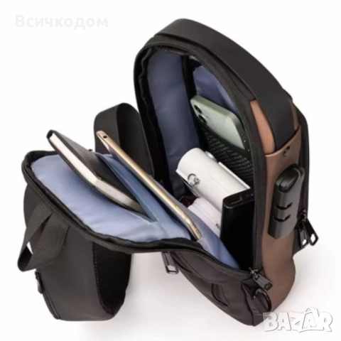 Мъжка чанта за през рамо Crossbody с USB зареждане, водоустойчива и с противокраден джоб, снимка 2 - Раници - 52364691