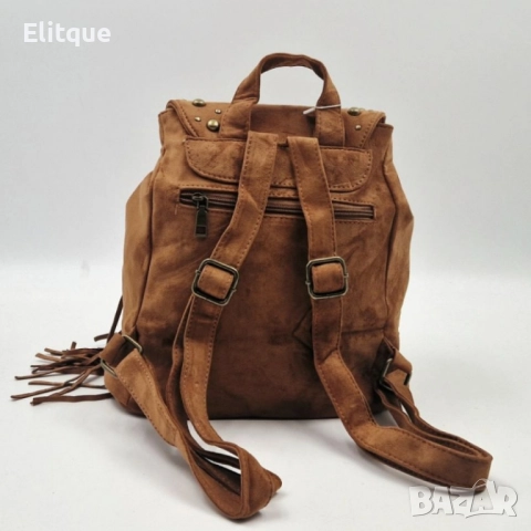 Велурена дамска раница с ресни и метални нитове – бохо стил и практичност, снимка 11 - Чанти - 52459500