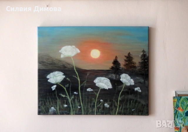 Бели макове, маслени бои, снимка 3 - Картини - 54330869