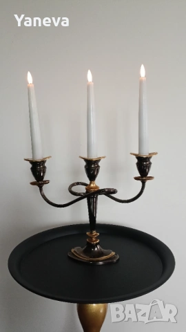 Vintage , метален, немски свещник (канделабър) с три рамена ,  в комбинация от черен и златист цвят