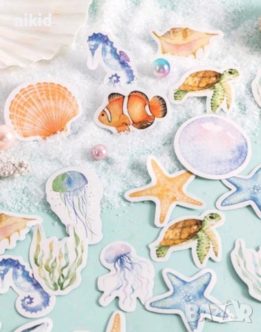 46 бр Морски морско дъно самозалепващи лепенки стикери за украса декор картонена торта парти, снимка 4 - Други - 51122821