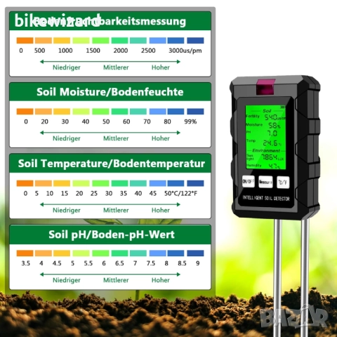 6-в-1 тестер за почва, pH метър, плодородие, температура, светлина, влажност – градина НОВ, снимка 3 - Градинска техника - 52642386