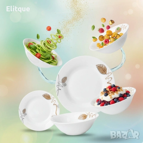 Стил и изтънченост за всяка трапеза - Комплект чинии 24 части с елегантен листен дизайн, снимка 6 - Други - 53302965