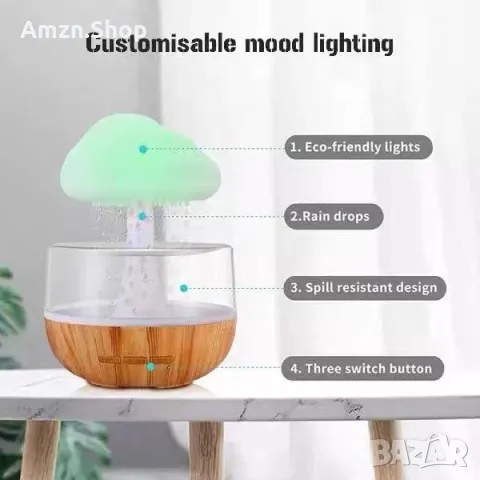 Овлажнител за въздух дъждовен облак ,  релаксиращ звук на дъжд , нощна лампа дифузер етерични масла , снимка 3 - Овлажнители и пречистватели за въздух - 47562755