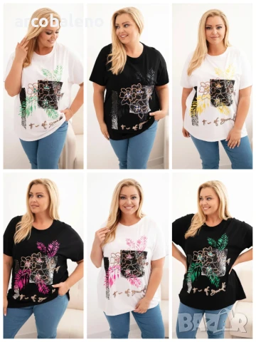 Дамска памучна тениска с декоративен флорален принт, Големи размери, 7цвята 
