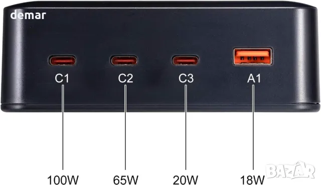 WHSTELENI USB C зарядно 203W (100W+65W+20W+18W) 4-портова зарядна станция, снимка 2 - Друга електроника - 49312967