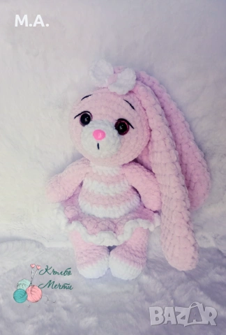 Зайче с дълги уши - ръчно плетена играчка , снимка 3 - Плюшени играчки - 53010503