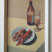 Картина, натюрморт с бира и раци, худ. П. Петков (1924-1976), снимка 1 - Картини - 44594948