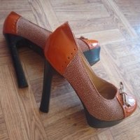 Високи дамски обувки в кафяв цвят с комбинация с лак, снимка 4 - Дамски обувки на ток - 44325456