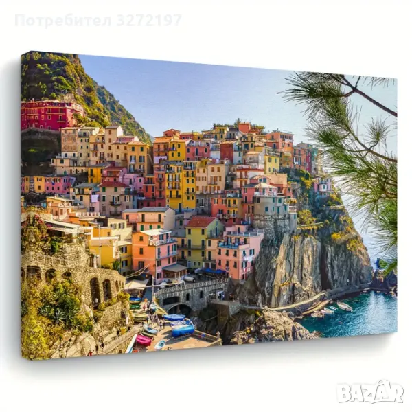 Картина на платно с дървена рамка-Италианско крайбрежно село,планински ландшафт, снимка 1