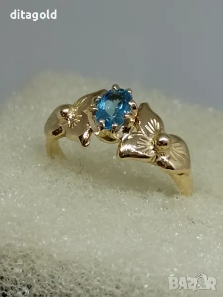 Златен пръстен с естествен топаз, швейцарско синьо, снимка 1