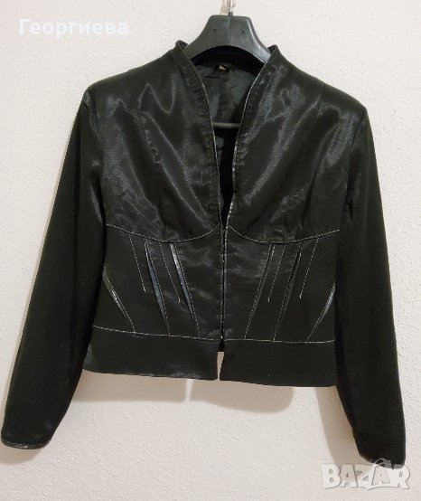 Вталено черно сако с кожени декорации, снимка 1