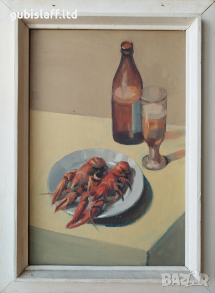 Картина, натюрморт с бира и раци, худ. П. Петков (1924-1976), снимка 1