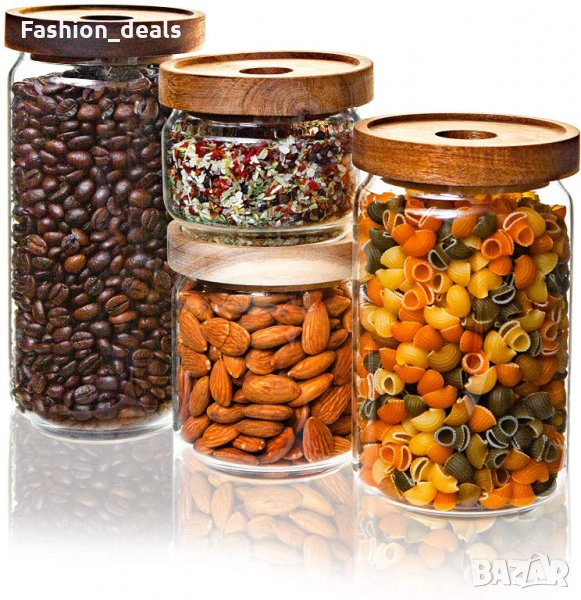 Комплект 4 стъклени контейнера за съхранение на храни с дървен капак, снимка 1