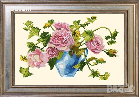гоблен "РОЗИ ВЪВ ВАЗА"-D45 - размери 53*35 см,; 33 цвята;шев 1:4 , снимка 1