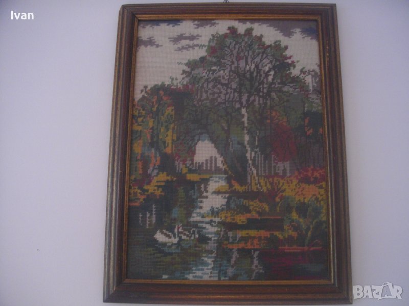 Нов Голям DMC Гоблен-Холандски-Рамкиран-Есенен Речен Пейзаж-550х410мм-ОТЛИЧЕН, снимка 1