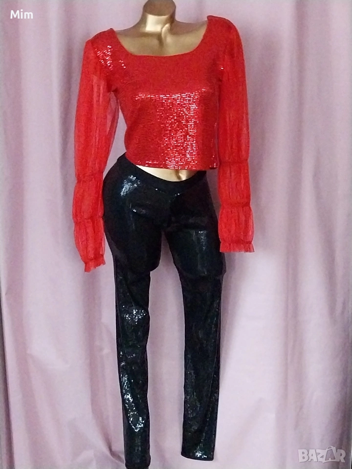 S/M Черен еластичен клин с пайети и къс топ с дълъг ръкав , снимка 1