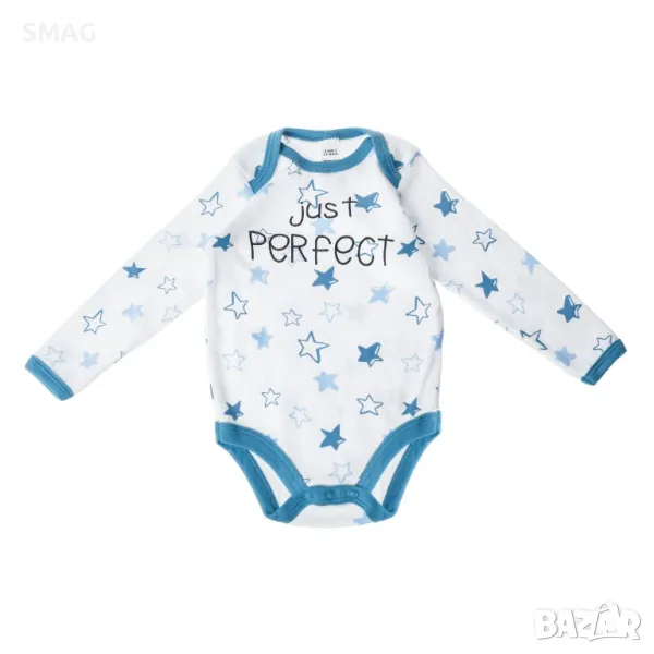 Бебешко памучно боди Бяло Сини Звезди надпис Just perfect S_1230465, снимка 1