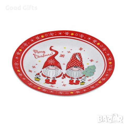 Кръгла коледна порцеланова чиния, Гномчета, 19.5см , снимка 2 - Чинии - 42754719