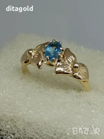 Златен пръстен с естествен топаз, швейцарско синьо, снимка 1