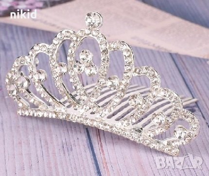 Коронка тиара метална сребриста с камъчета забождане в коса прическа сватба детска дамска, снимка 2 - Аксесоари за коса - 31205030