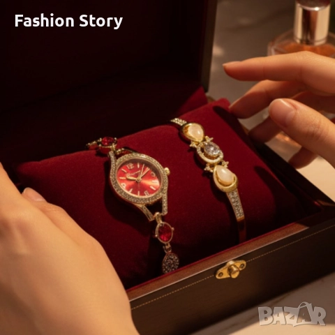 Луксозен дамски сет: часовник с кристали + гривна – в подаръчна опаковка, снимка 3 - Дамски - 51935593