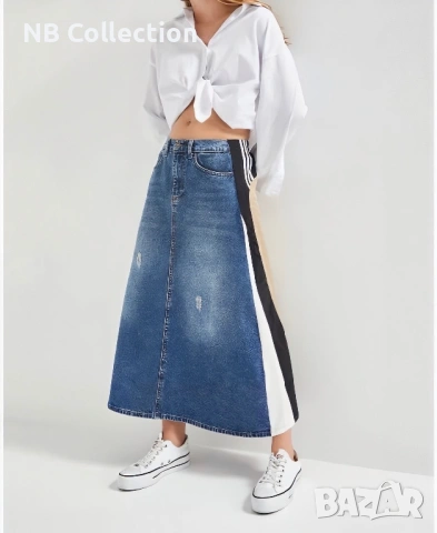 TW3 Дълга дънкова пола с бежов плат атрактивен модел 