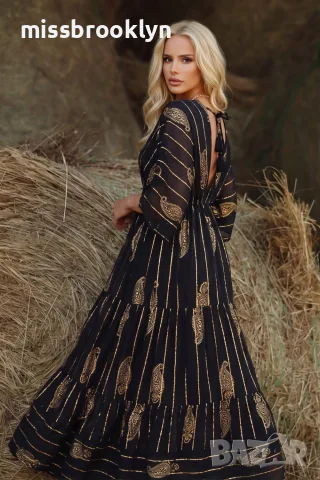 Рокля “Black Golden Paisley” – черна бохо рокля със златни орнаменти арт.1845, снимка 3 - Рокли - 55821467