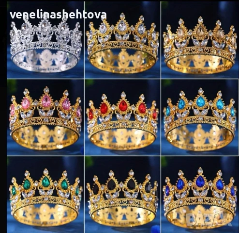 Корона тиара с цветни камъни за декорация на торта 